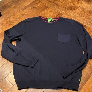 Boss Dark Blue Crewneck Sweater with Red collar trim and embroidered accents